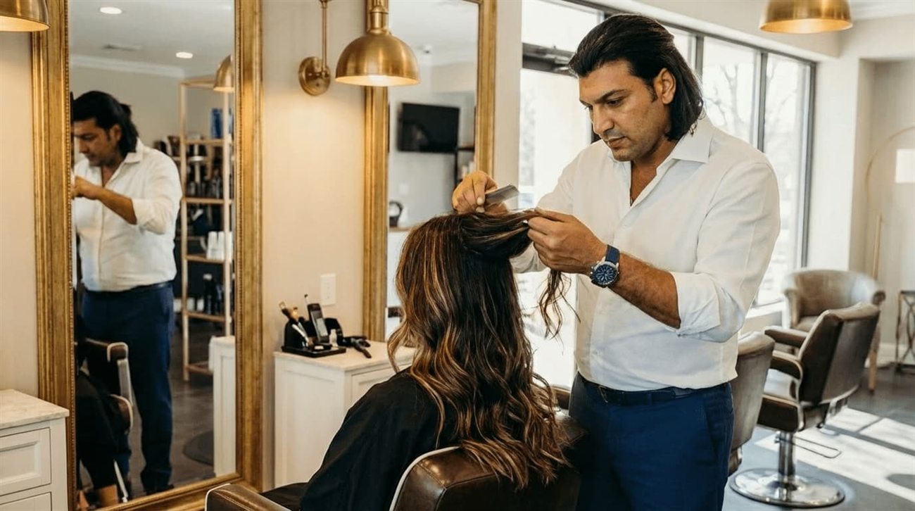 Tomy reading a client's hair before deciding the first step