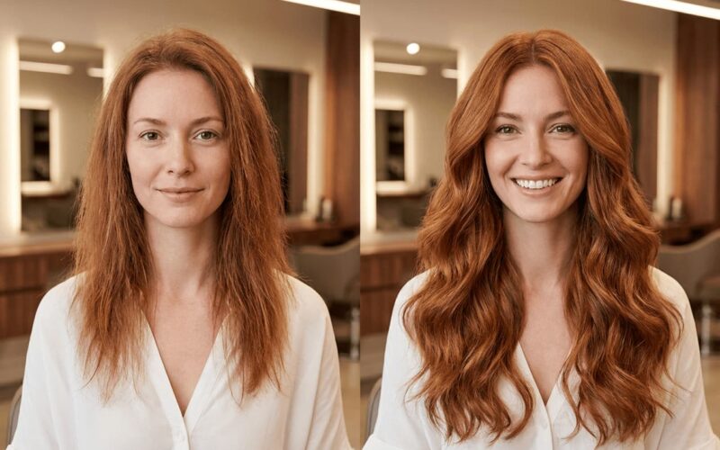 Before and after hair extensions on Long Island — custom color-matched human hair extensions