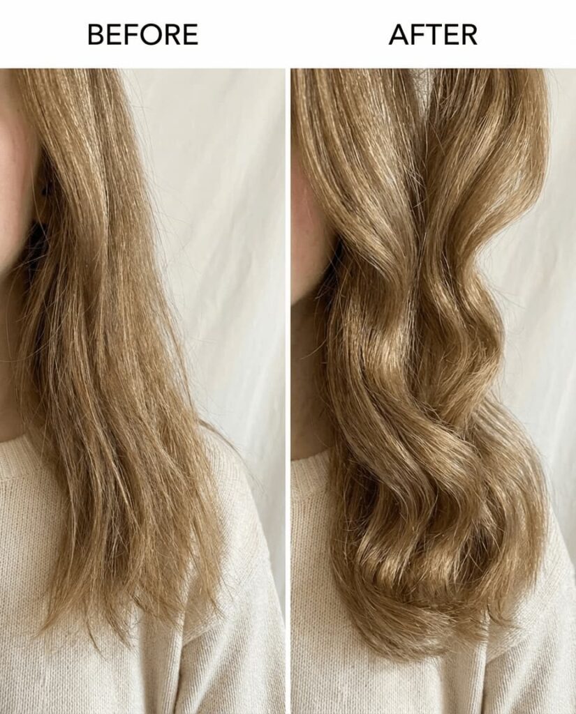 Hair before and after Lipid Complex restorative treatment at Tomy B. Salon