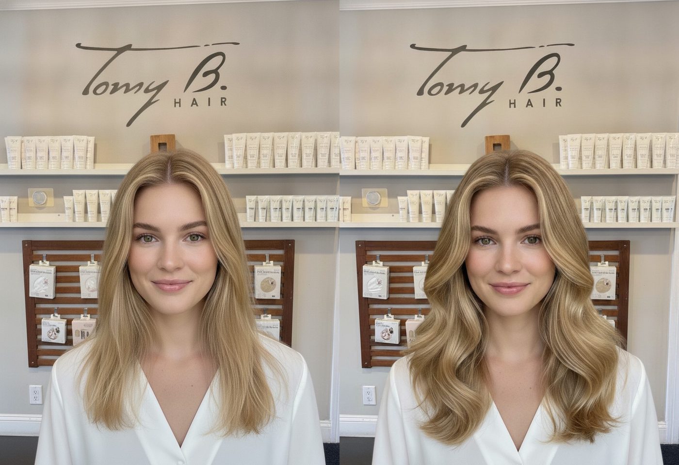 Blonde hair extensions before and after - fine to full natural volume at Tomy B. Salon