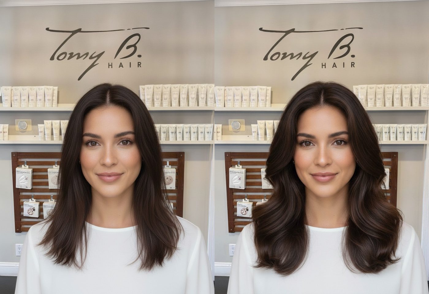 Brunette hair extensions before and after - fine to full natural volume at Tomy B. Salon